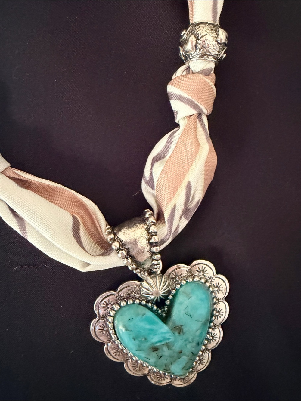 Turquoise Heart Pendant Necklace with Cream & Beige Fabric Cord